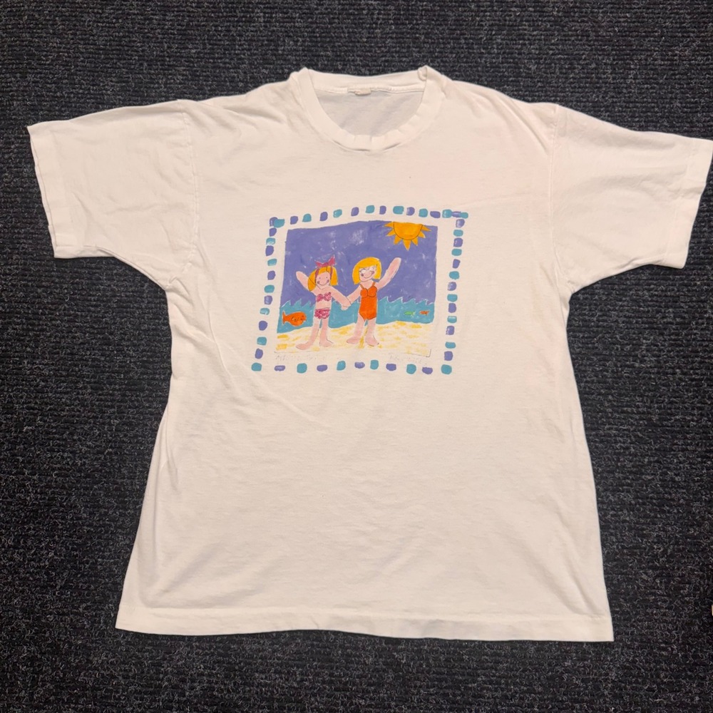 Vintage Graphic Beach Friends T-Shirt White Single Stitch Art Tee Mens Large